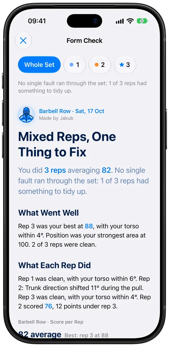 A Form Check report in Athleon: three reps of barbell rows scored, with what went well and what to fix