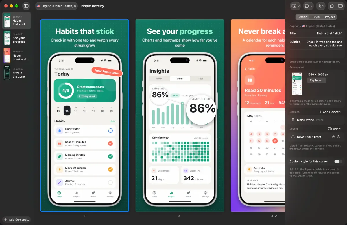 Bezelry on the Mac, designing App Store screenshots for a habit tracker