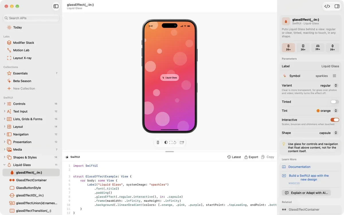 Viewry on the Mac, showing a live Liquid Glass demo with its SwiftUI code